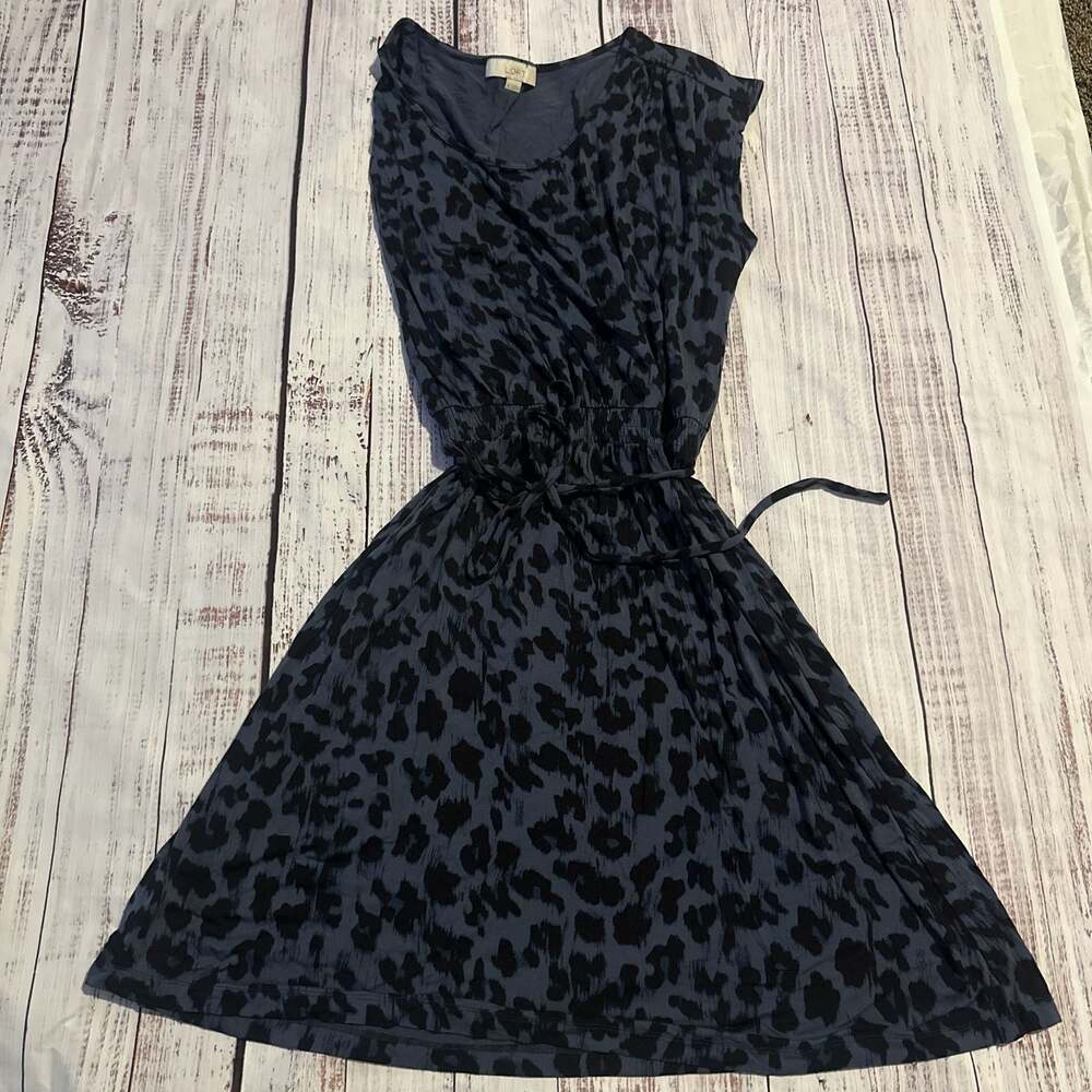 Loft Sleeveless Blue Leopard Print Knit Dress with Tie Waist Size M